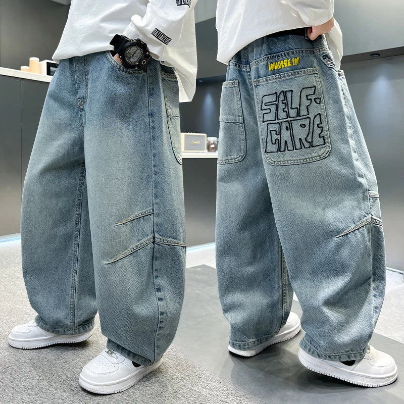 personalized workwear jeans Spring and Autumn 2025 Spring and Autumn New Straight Pants Boys Wide Legs Handsome Trendy 5-15 yea